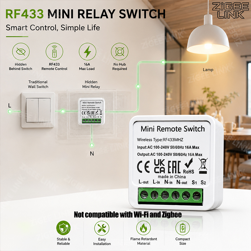 Home Automation Systems Diy - รีเลย์สมาร์ทขนาดเล็ก RF433MHz 16A พร้อมตัวรับสัญญาณ สวิตช์ควบคุม 2