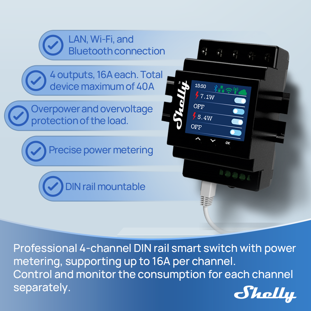 Shelly Pro 4PM สี่ช่องรีเลย์ L - Home Automation Technology บทวิจารณ์และราคา